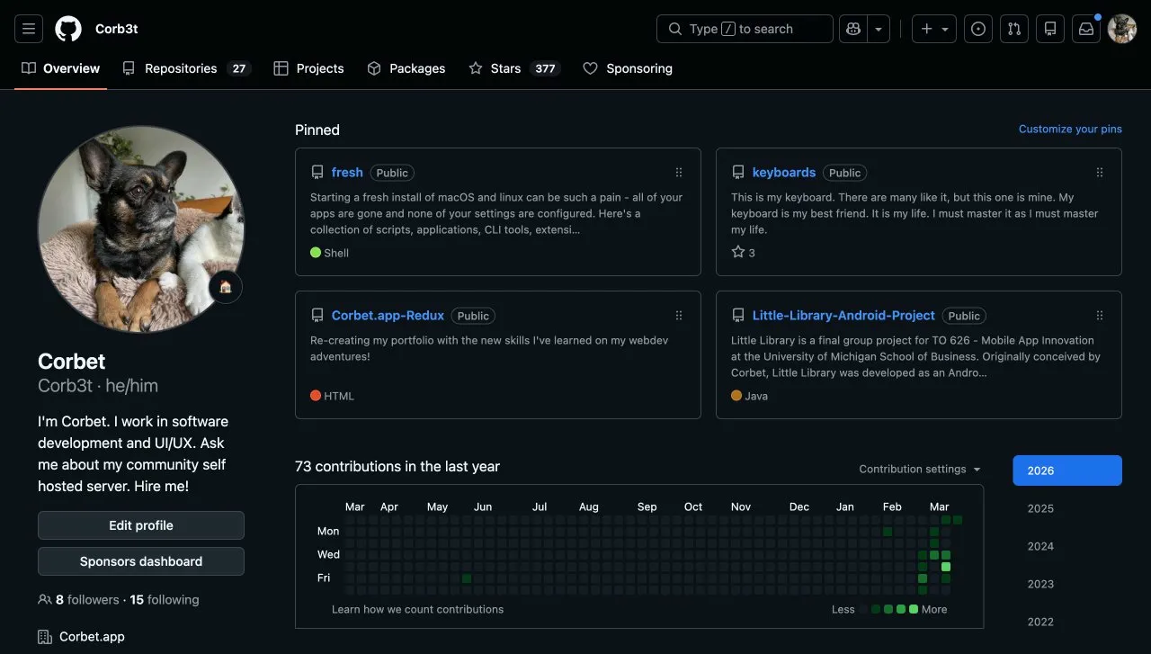 Corbet's GitHub profile showing pinned repos including fresh, keyboards, and Corbet.app-Redux