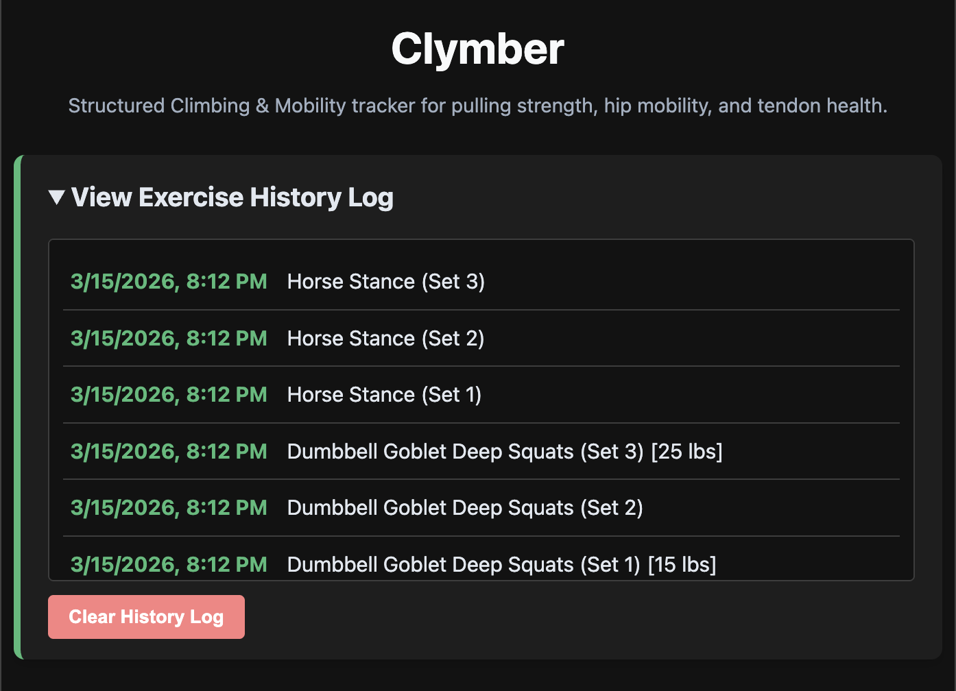 Clymber exercise card showing timed sets with play, pause, and reset controls